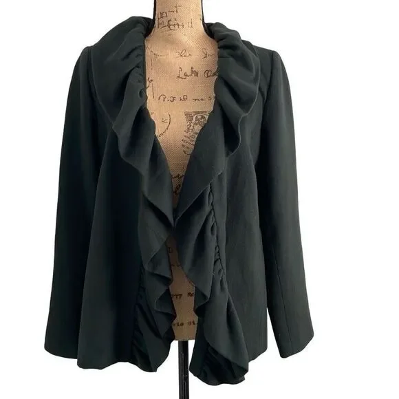 EUC Milly of New York Forest Green Wool Blend Ruffle Collar Trim Coat - Size 10 - Picture 3 of 11